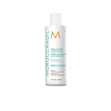 A bottle of Moroccanoil Smoothing Conditioner 8.5 oz/250mL, containing argan oil and amino acids, has turquoise and orange text on a white background.